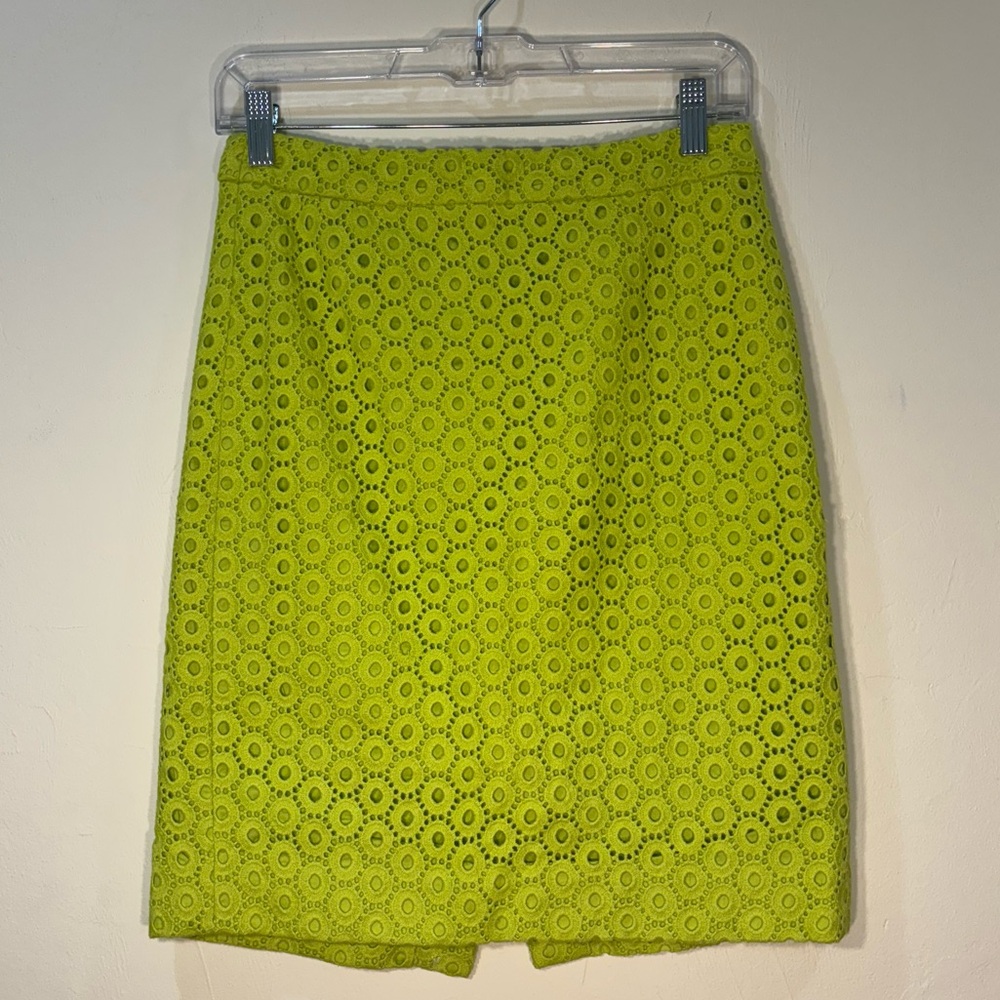 J. Crew No. 2 Pencil Skirt, 100% cotton, Neon Lime Green Eyelet, size 00